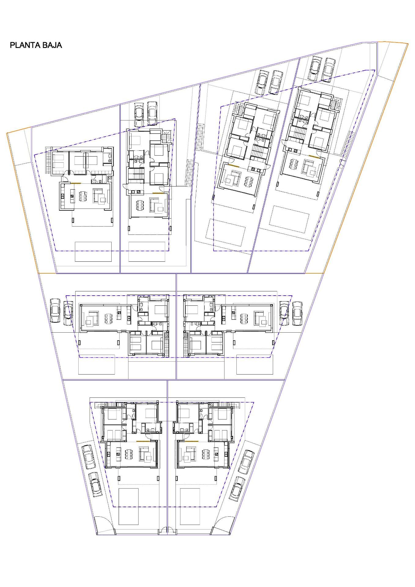 Ground-floor plan of a multi-unit development with parking spaces, showing floor layouts and site boundaries in a triangular plot.