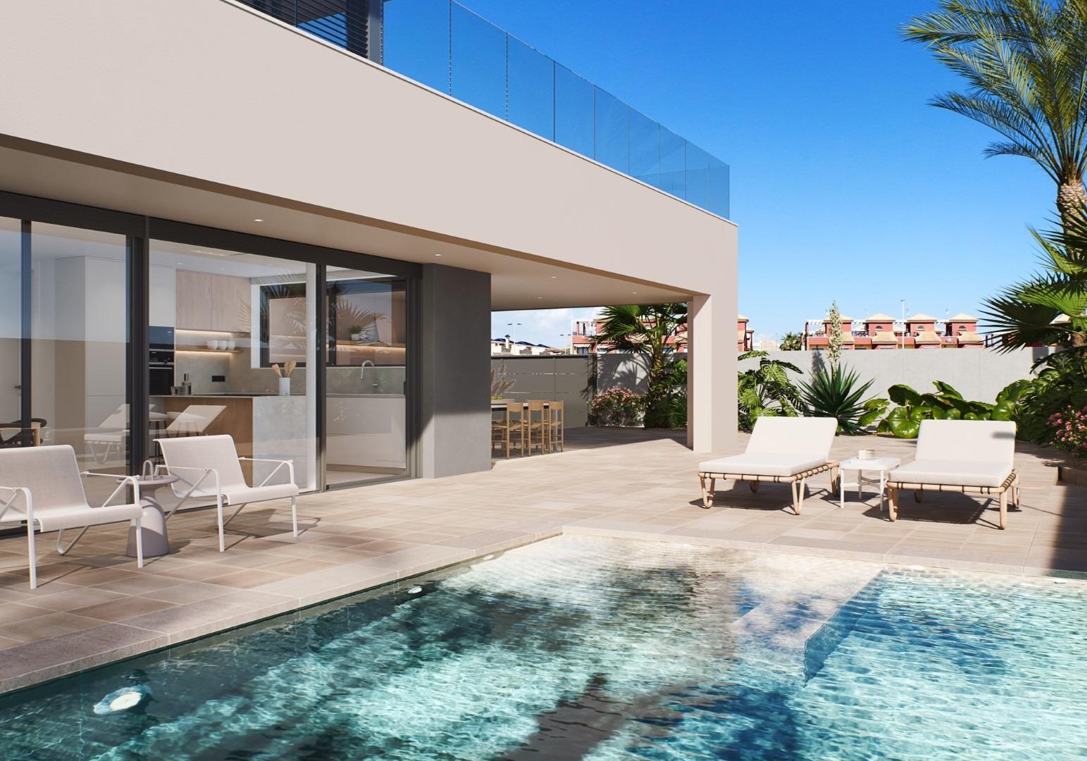 VILLA DE OBRA NUEVA EN TORRE DE LA HORADADA Moderna villat de obra nueva cerca de la playa de Higuericas en Torre de la Horadada. Villa consta de una parcela de 618 m², con 344 m² construidos. Vi...