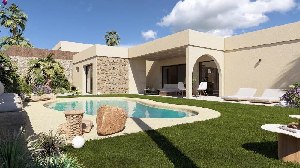 Modern beige villa backyard with a kidney-shaped pool, green lawn, and lounge seating under a covered patio.