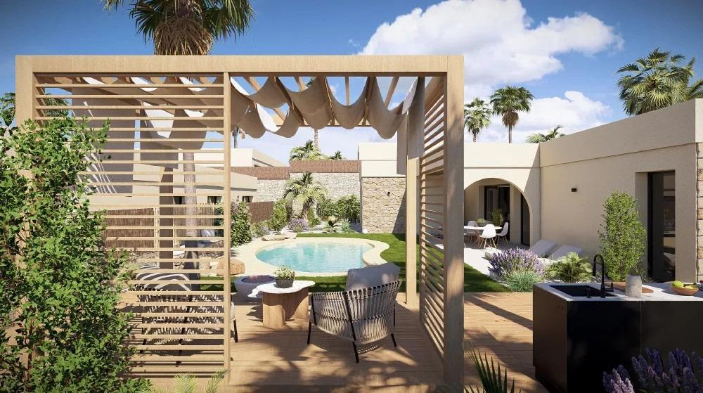 Outdoor backyard with a rectangular wooden pergola, pool, and modern lounge seating under a sunshade, palm trees in a sunny desert setting.