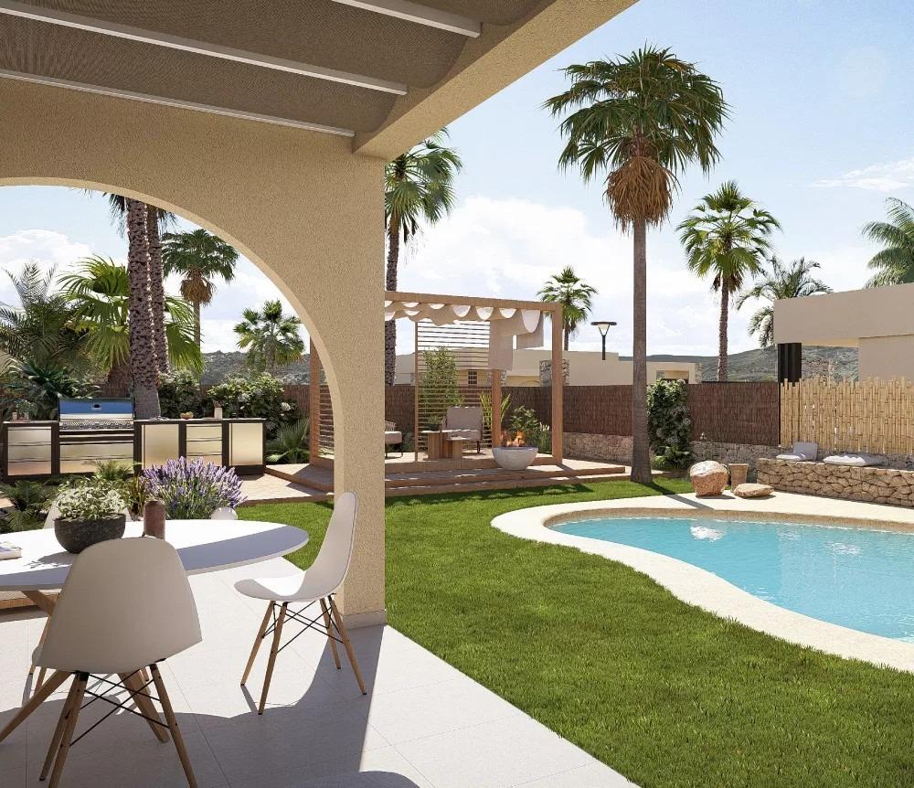 Outdoor backyard scene with a covered patio, white round table and chairs, a kidney-shaped pool, and palm trees on a sunny day.