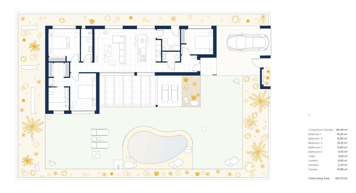 Floor plan of a home showing living room and kitchen, three bedrooms, two bathrooms, laundry, entrance, garage, terrace and garden with a kidney-shaped pool.
