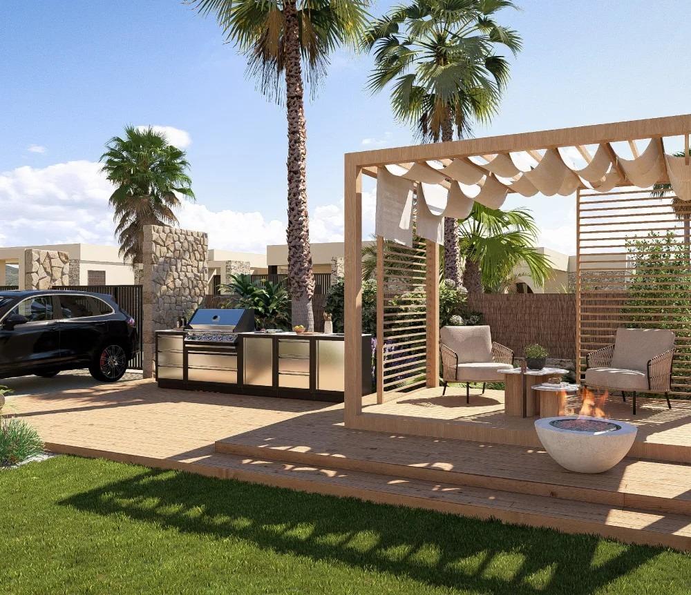 Outdoor patio with a wooden pergola, lounge seating, and a fire pit on a deck near a built-in grill area guarded by palm trees in a sunny yard.