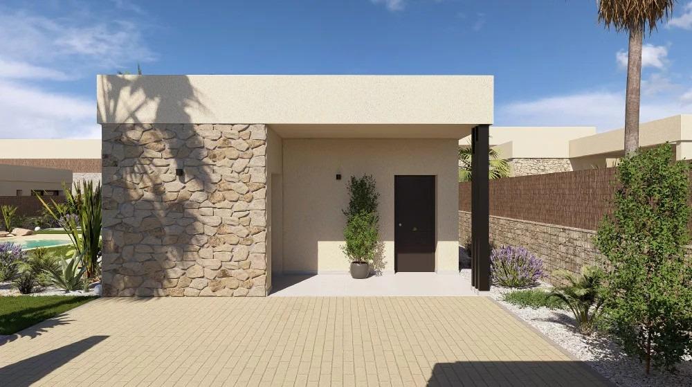 Modern single-story house with stone accent wall, beige facade, dark front door, and potted plant on a paved entryway under a clear blue sky.
