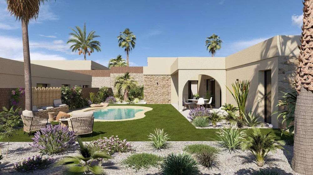 Modern desert-style backyard with a kidney-shaped pool, gravel landscaping, and a covered patio with dining seating under arches.