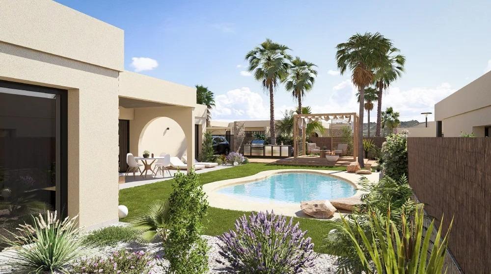 Backyard with a kidney-shaped pool, lounge area, and palm trees in a modern beige house courtyard.