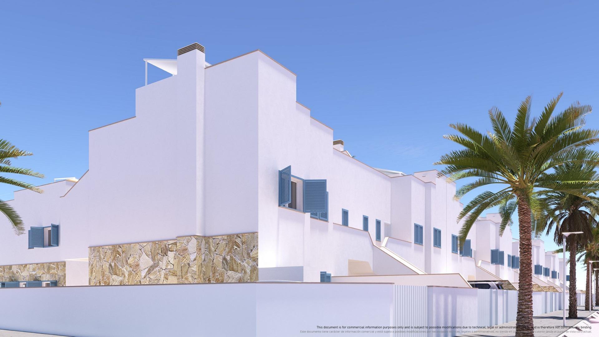 White Mediterranean-style building with blue window shutters under a clear blue sky, palm trees in the foreground.