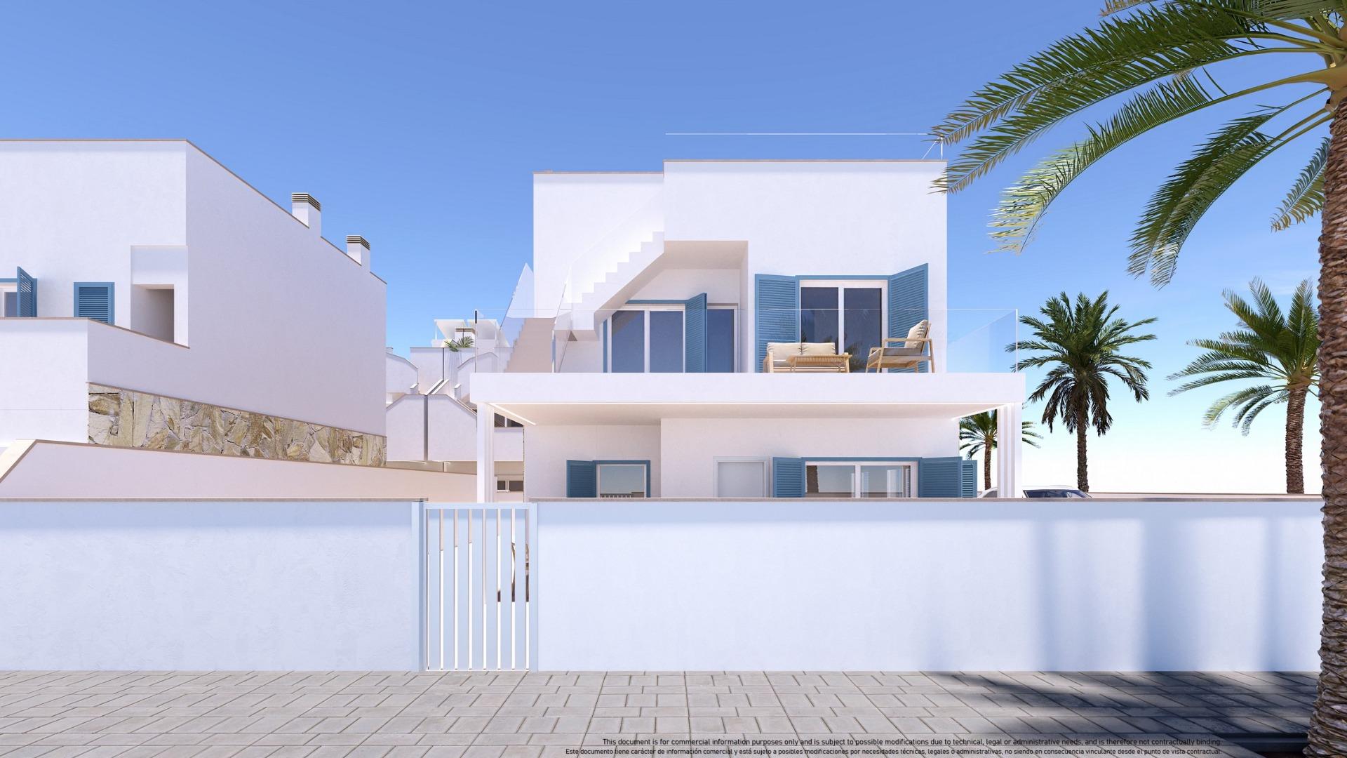 Modern white villa with blue shutters and a glass-railed balcony under a clear blue sky, palm trees nearby.