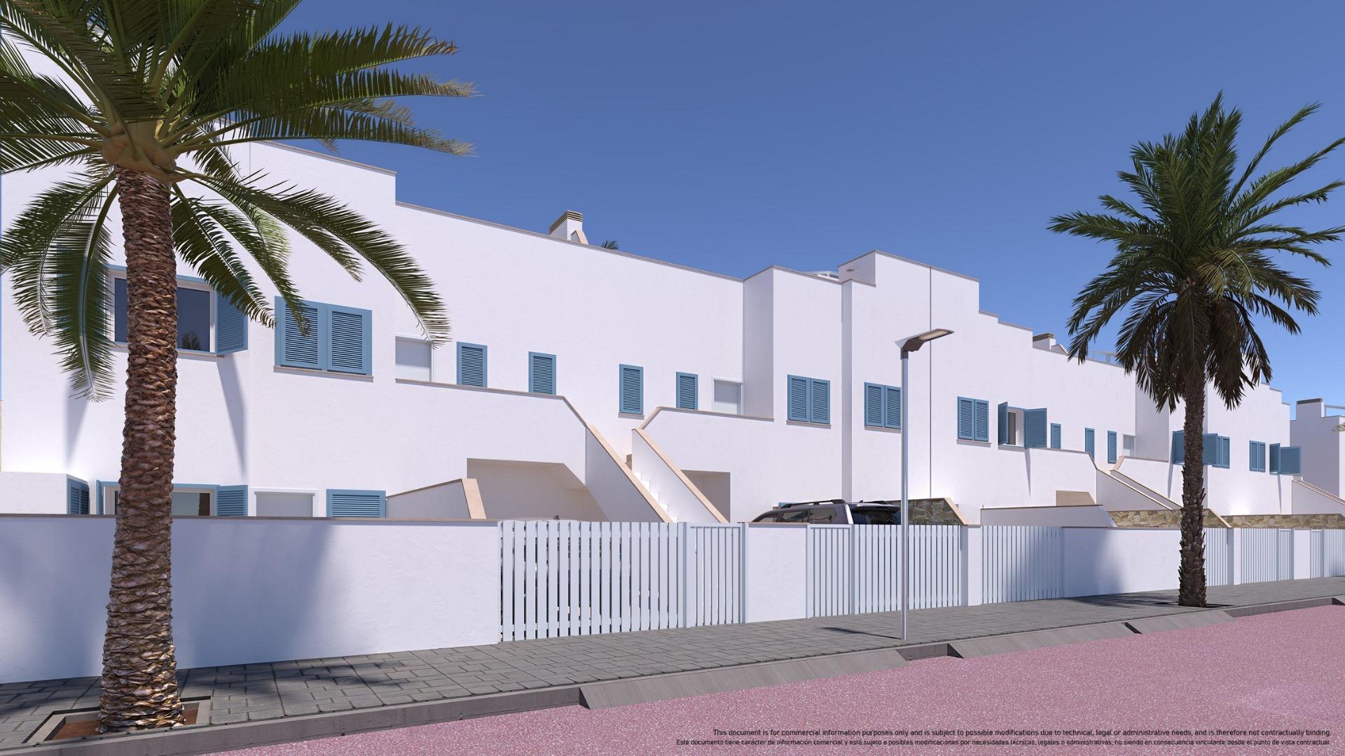White modern row houses with blue shutters along a palm-lined street under a clear blue sky.