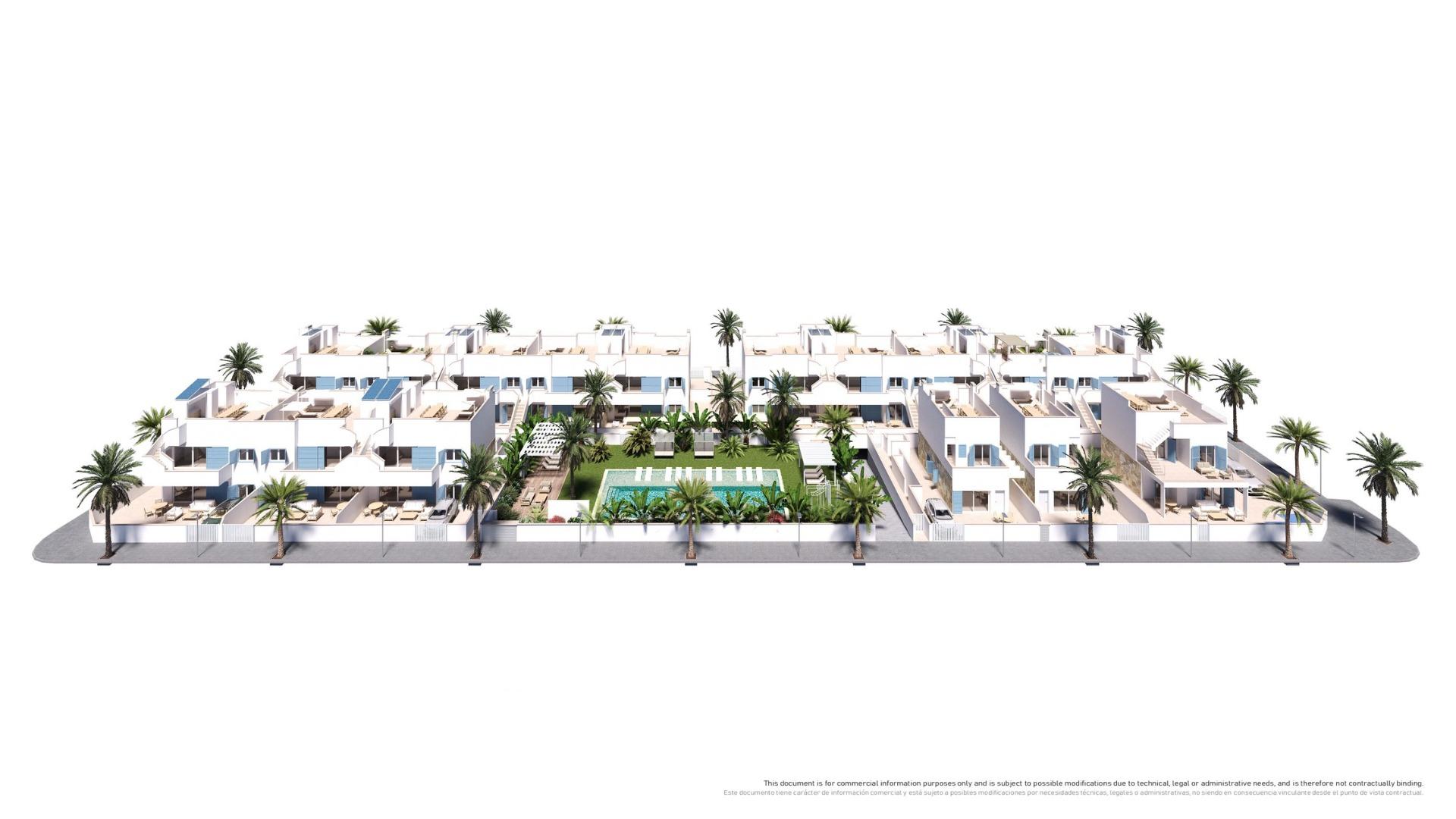 Modern white villa complex with a central pool area and palm trees, arranged in a gated resort-style community.