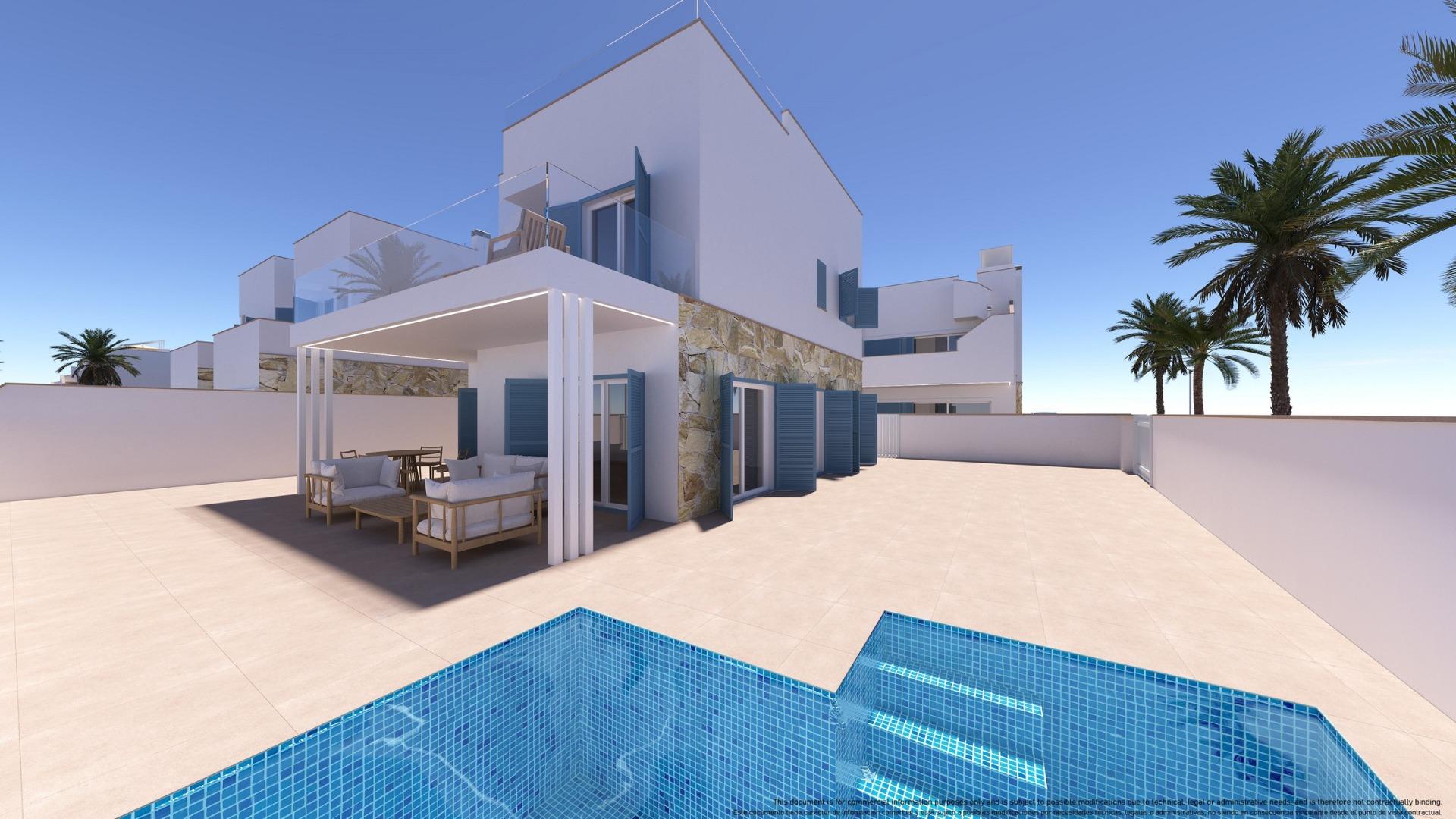 Modern white villa with blue shutters and stone accents, a shaded outdoor seating area, and a blue-tiled pool nearby.