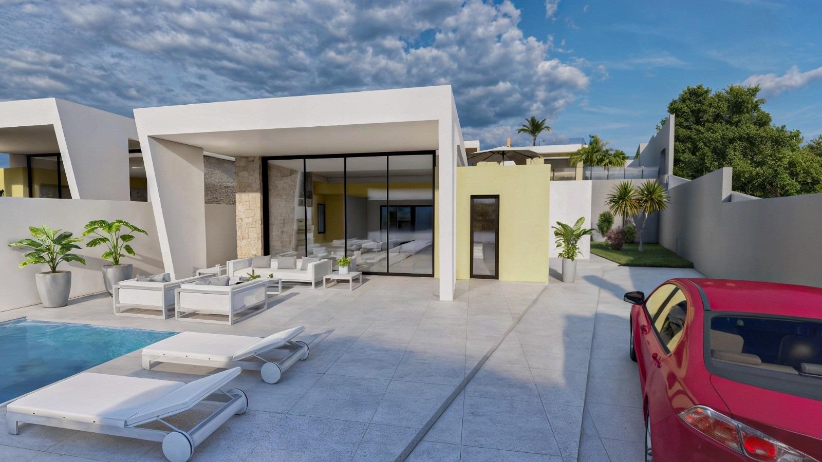 Modern villa exterior with white geometric architecture, an outdoor seating area by a rectangular pool, and a red car parked to the right.