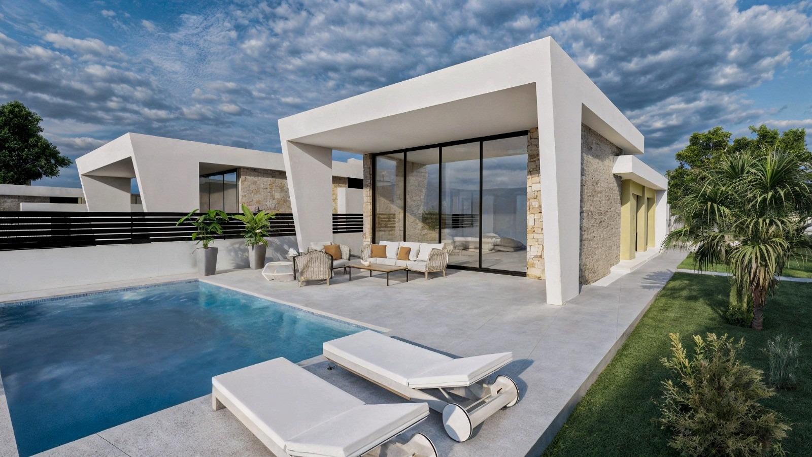 Modern white villa with glass walls, stone accents, and a rectangular pool in the foreground with sun loungers nearby, under a blue sky.
