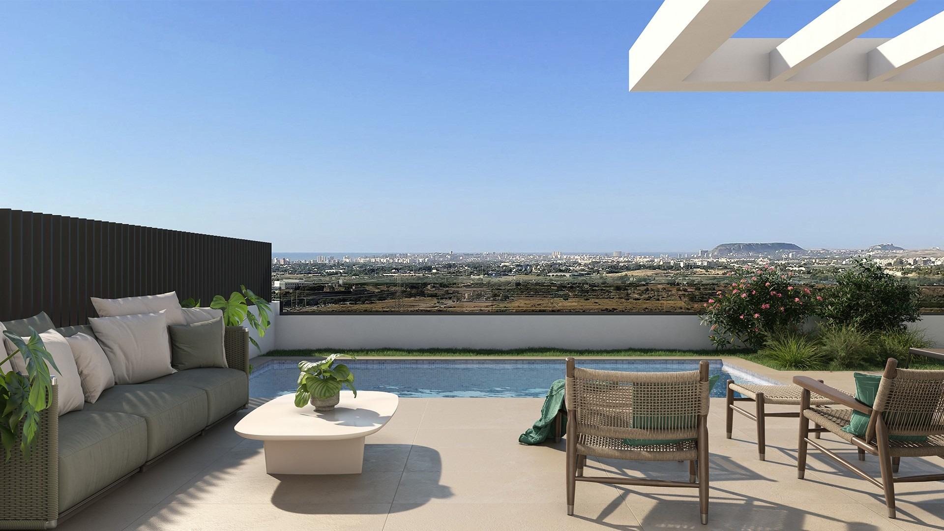 Adosado en Venta en Mutxamel, Villas adosadas obra nueva en Mutxamel, Alicante. 3 hab, 3 baños, piscina privada, vistas mar. Cerca playa y golf. ¡Vive el sueño mediterráneo!