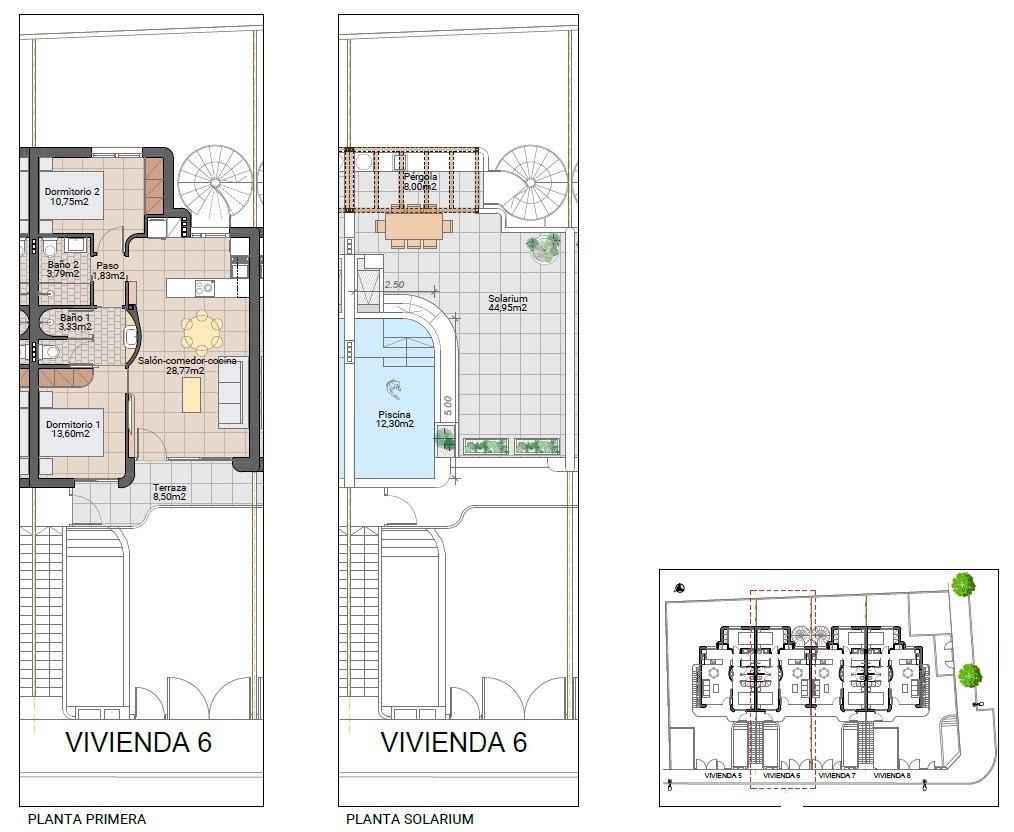 Casa en Venta en Pilar de La Horadada, Bungalows obra nueva en Pilar de la Horadada, Costa Blanca Sur. 8 exclusivos, piscina privada, jardín/solárium. Cerca de playas y servicios.