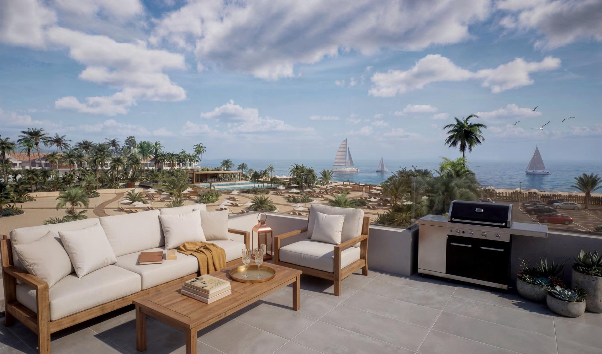 Apartamentos turísticos de lujo y villas con playa privada en primera línea de Vera Playa-Almería, Ático de lujo en Vera Playa, Almería. Disfruta de 1 dormitorio, terraza y solárium privado con vistas panorámicas al mar. Complejo moderno con playa privada. ¡T