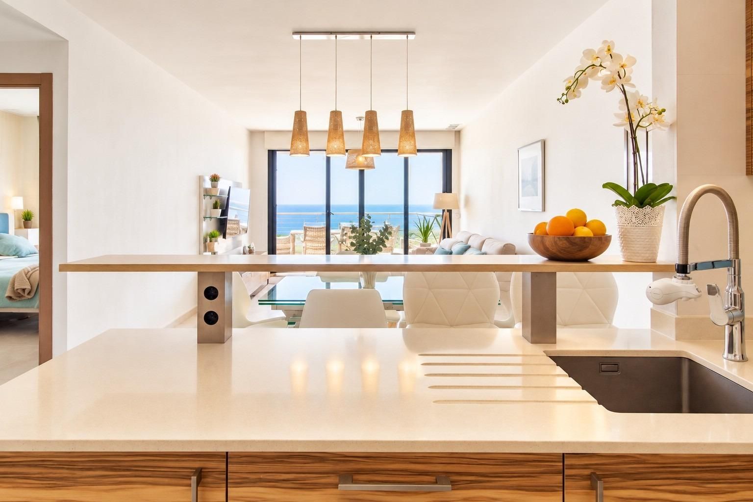 Apartamento Exclusivo con Vistas al Mar en Arenales del Sol, Apartamento de lujo en Arenales del Sol, Alicante. Vistas al mar, a 50m de la playa en Infinity View. 3 dorm, 2 baños, terraza 36m². Resort con piscinas, gimnas