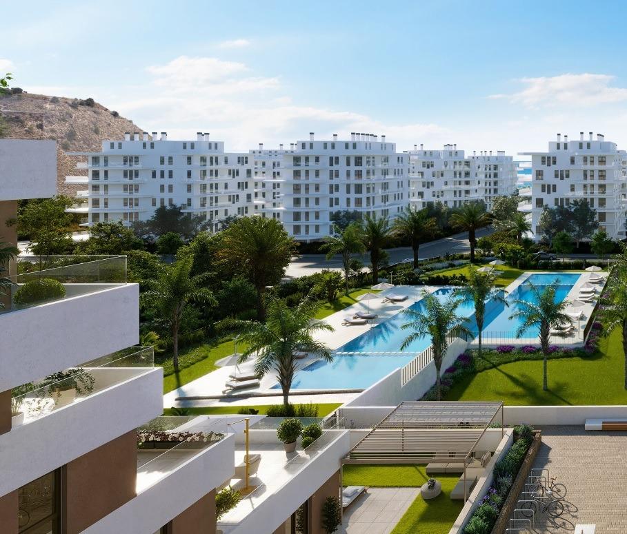 COMPLEJO RESIDENCIAL DE OBRA NUEVA EN VILLAYOJOSA, Descubre tu hogar en Villajoyosa. Apartamentos de obra nueva a 450m de Playa del Torres. Disfruta de un estilo de vida mediterráneo con piscina, gimnasio y park
