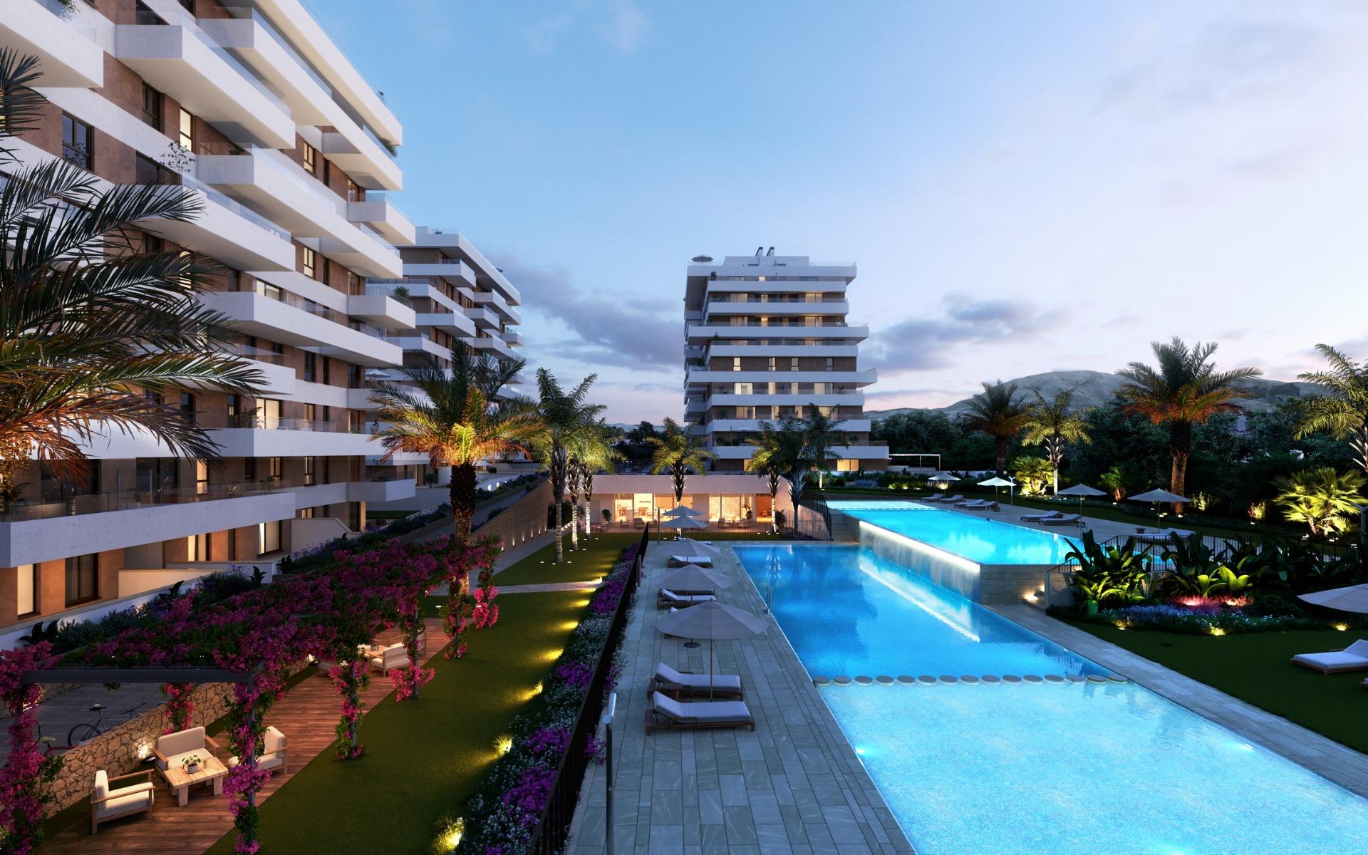 COMPLEJO RESIDENCIAL DE OBRA NUEVA EN VILLAYOJOSA, Descubre tu hogar en Villajoyosa. Apartamentos de obra nueva a 450m de Playa del Torres. Disfruta de un estilo de vida mediterráneo con piscina, gimnasio y park