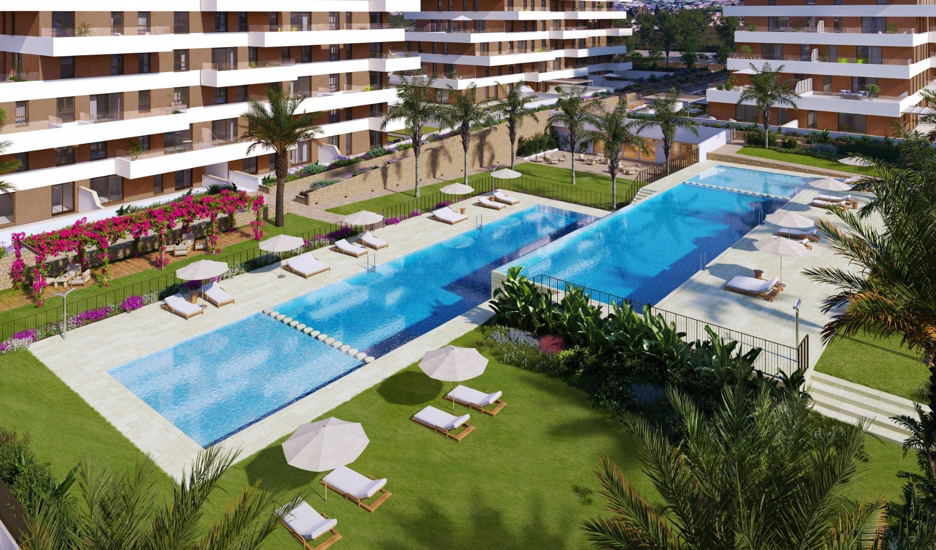 COMPLEJO RESIDENCIAL DE OBRA NUEVA EN VILLAYOJOSA, Descubre tu hogar en Villajoyosa. Apartamentos de obra nueva a 450m de Playa del Torres. Disfruta de un estilo de vida mediterráneo con piscina, gimnasio y park